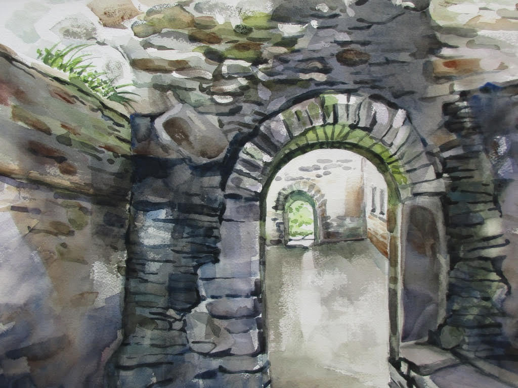 Artwork: Ancient Entries Through Celtic Walls, watercolor, approx. 18 x 15" by Gwendolyn Evans